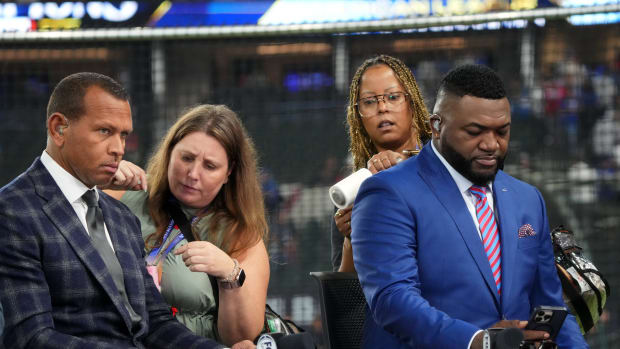 Former MLB players and current Fox Sports commentators Alex Rodriguez (left) and David Ortiz prepare for a World Series broadcast on Oct. 27 at Globe Life Field in Arlington. The Rangers are scheduled to play in at least 12 nationally televised games in 2024.